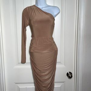 NWT! Femme Luxe Beige One Shoulder Runched Slinky Midi Dress!